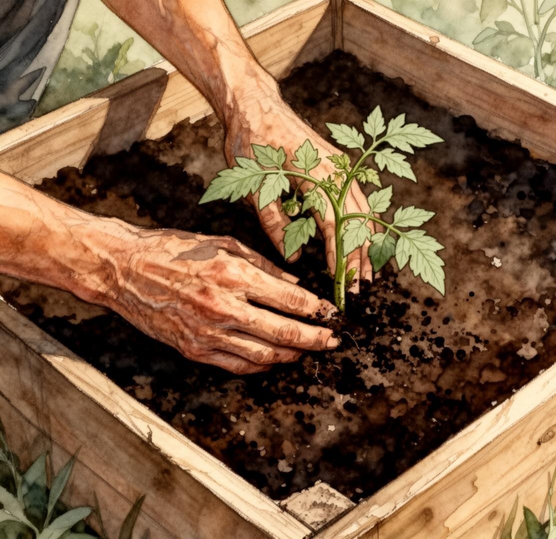 Hands tending a young tomato seedling in a wooden raised bed