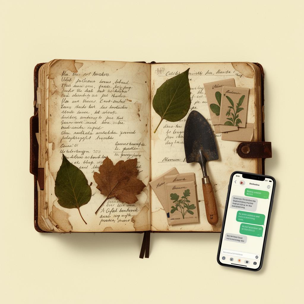 A weathered garden journal beside a smartphone showing a chat interface, with pressed leaves and seed packets