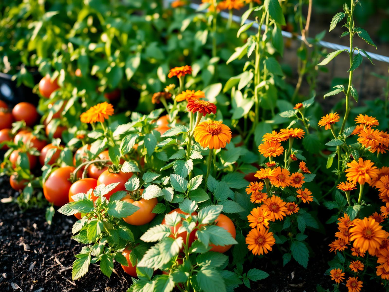 A polyculture garden bed with tomatoes, basil, marigolds, and beans growing together