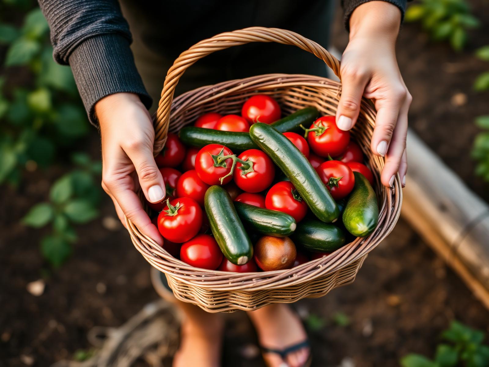 Hands holding a basket of freshly harvested tomatoes and cucumbers in a backyard garden