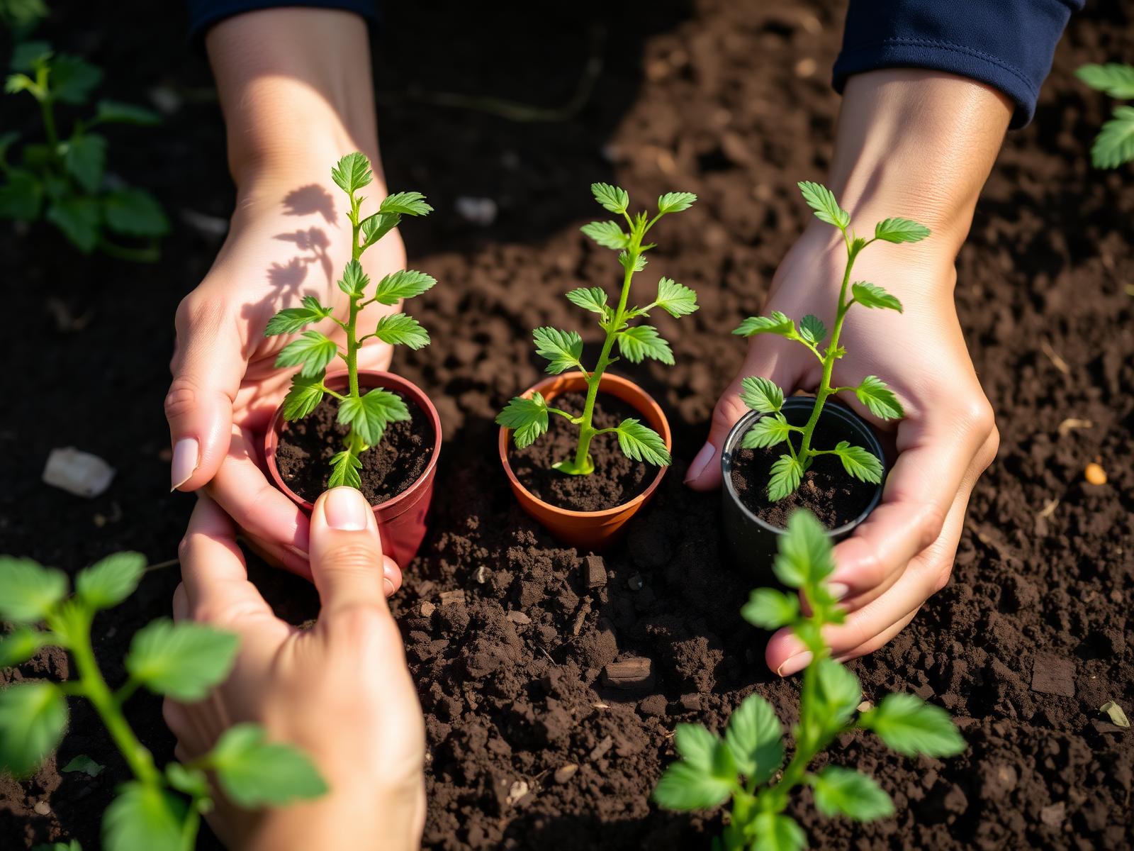 Young tomato seedlings ready to transplant in a sunny garden bed