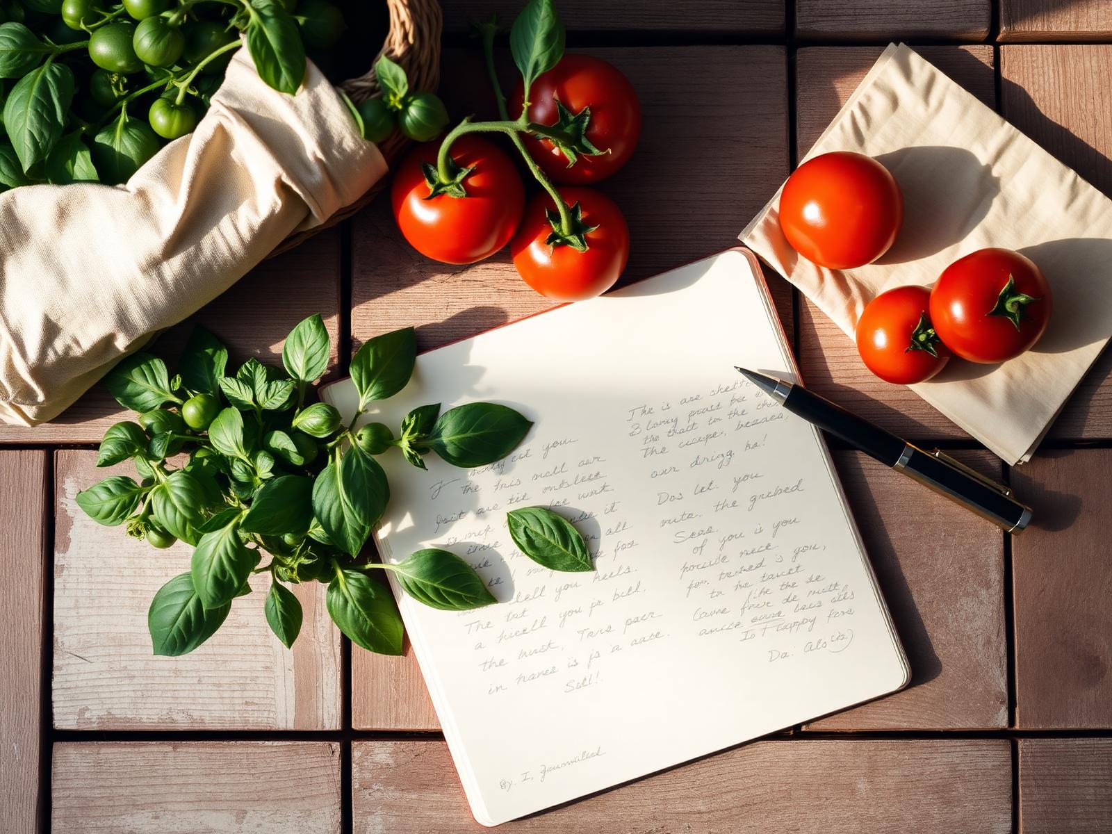 Open garden notebook next to a basket of fresh herbs on a wooden table