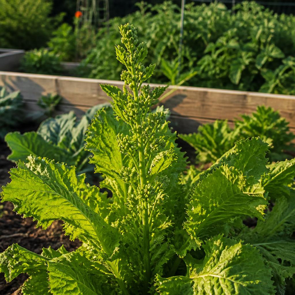 A bolting lettuce plant with a tall central flower stalk emerging from the center, surrounded by green leaves in a sunny raised garden bed.