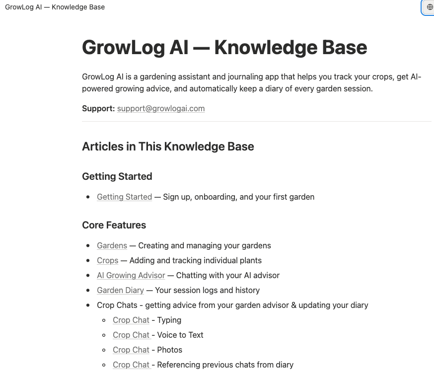 GrowLog AI Knowledge Base homepage with Getting Started and Core Features sections