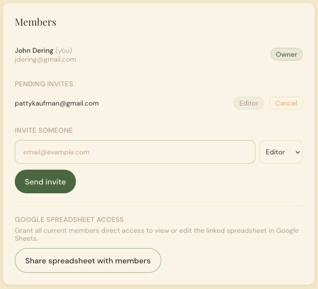 Members panel in GrowLog AI showing owner, a pending invite, and an invite form with role selector