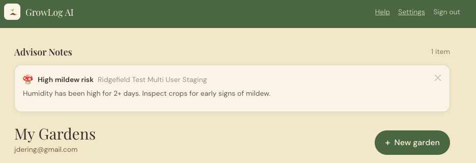 GrowLog AI dashboard showing a High Mildew Risk advisor note for a user's garden