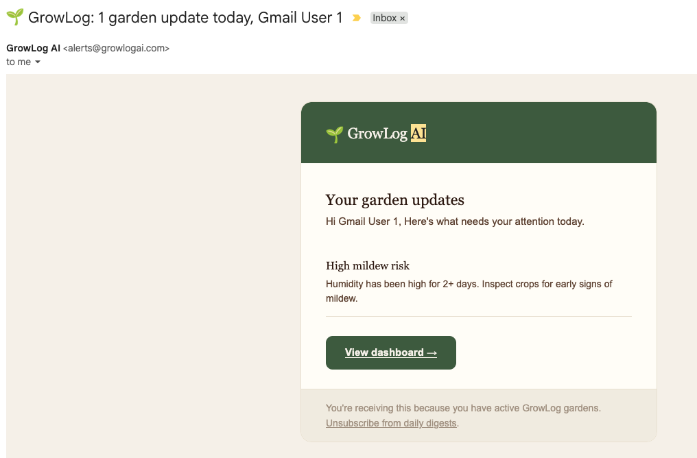GrowLog AI daily digest email showing a High Mildew Risk update with a View Dashboard button
